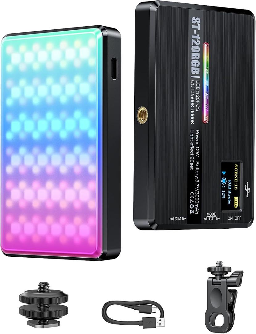 120 RGB Video Light, Photography Light, Color Temperature 2500-9000K 360 Full Color with 20 Lighting Effects, 3000mAh Battery, OLED Display, DSLR Lighting for TikTok, Photography, Video Conference