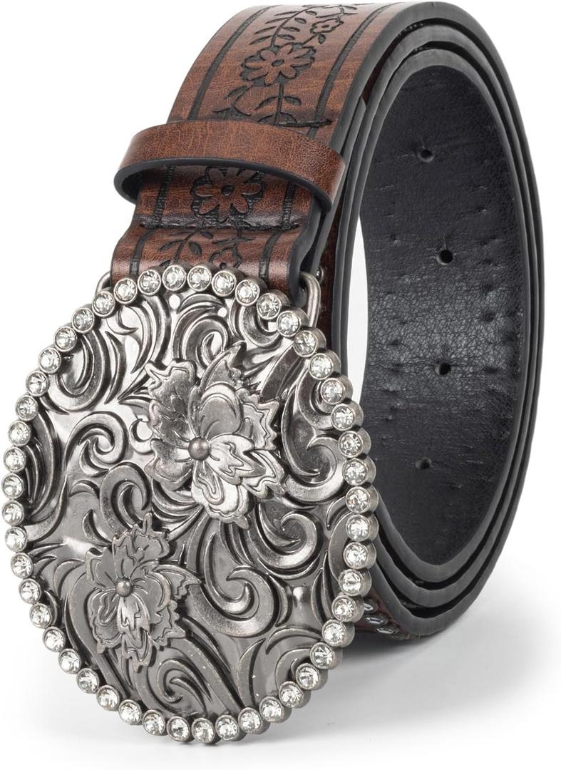 Womens-Western-Belt Rhinestone-Cowboy-Cowgirl Belt - Embossed PU-Leather Belt with Diamond Flower-Buckle(for 31-38'') (Brown)