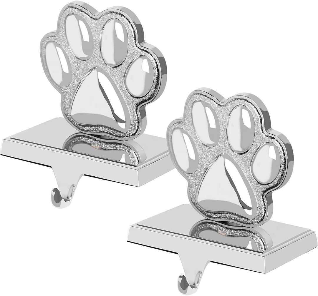 Fowecelt 2 Pack Dog Paw Christmas Stocking Holder, 3D Silver Metal Mantel Stocking Hanger for Mantel Shelf Stand Table Christmas Decor