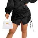 Women's Sexy Button Down Shirts Loose Collar Long Sleeve Ruched Silk Cloth Night Out Club Mini Wrap Dress Drawstring XXL