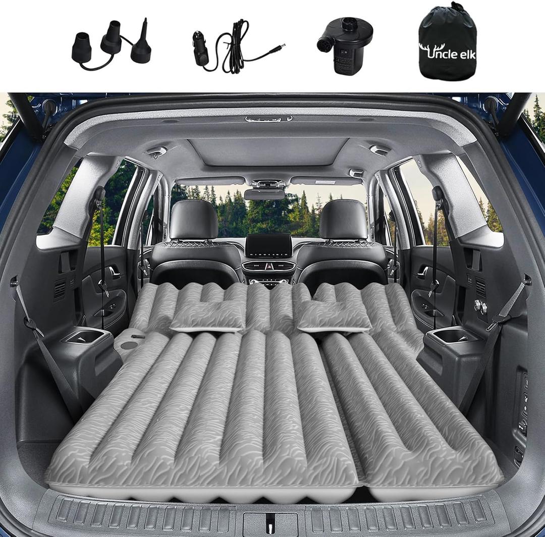 SUV Air Mattress: Inflatable Car Air Mattress for Camping, Flocking Car Bed with Air Pump & 2 Pillows, Portable Sleeping Pad Mattress for Home Car Travel Camping Grey