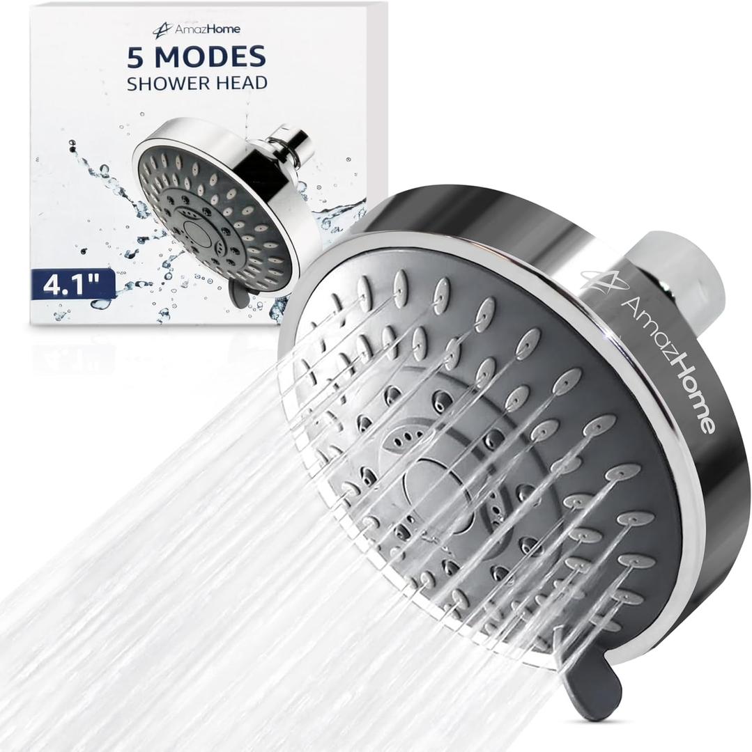 Luxury High Pressure Shower Head 5 Power Modes, Water Saving Showerhead with 360 Adjustable Brass Ball Joint for smooth Shower Experience, Wide Angle and Easy Installation