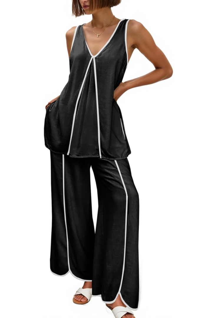 Cicy Bell Womens Summer Lounge Sets V Neck Sleeveless Tunic Tops Pajamas Sets Comfy Loungwear Wide Leg Pants 2 Piece Outfits, S