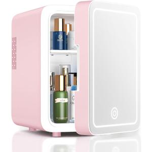CUTIEWORLD Skincare Fridge With Dimmable LED Light Mirror, 4L Makeup Mini Fridge for Bedroom, Car, Office & Dorm, Cooler & Warmer, Portable Small Refrigerator for Cosmetics, Skin Care and Food, Pink