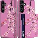 Compatible with Samsung Galaxy S24+ Plus & S25+ Plus Case with Card Holder Cute Shockproof Drop Protection Phone Wallet Slot Cover Cases for Women - Pink Blooming Sakura Cherry