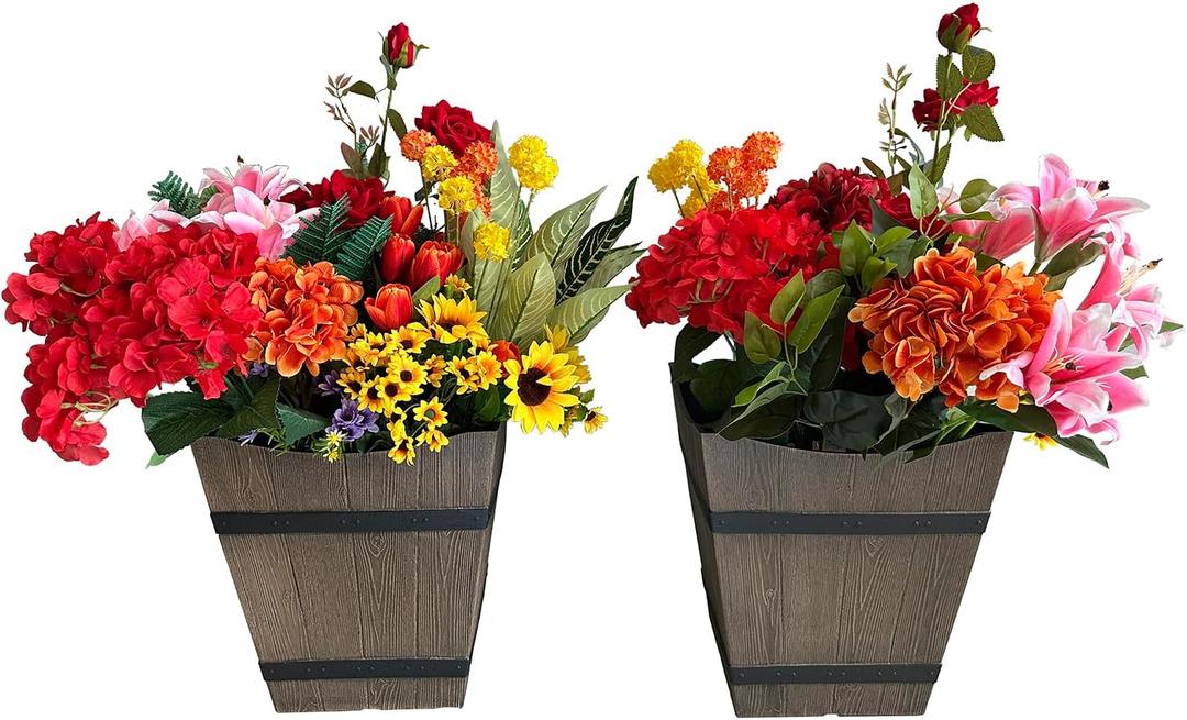 2 Pack 13 Inch Indoor & Outdoor Plastic Plant Pots, Flower Pots, Flower Planters with Imitation Wood Grain Design