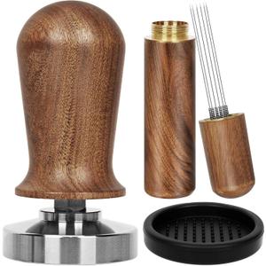 Y-Step 51mm Espresso Tamper Set, 30 lb Consistent Pressure Calibrated Coffee Tamper with Spring Loaded, Silicone Mat, Coffee Stirrer Espresso Distribution Tool, Wooden Barista Kit for Espresso Machine, Brown