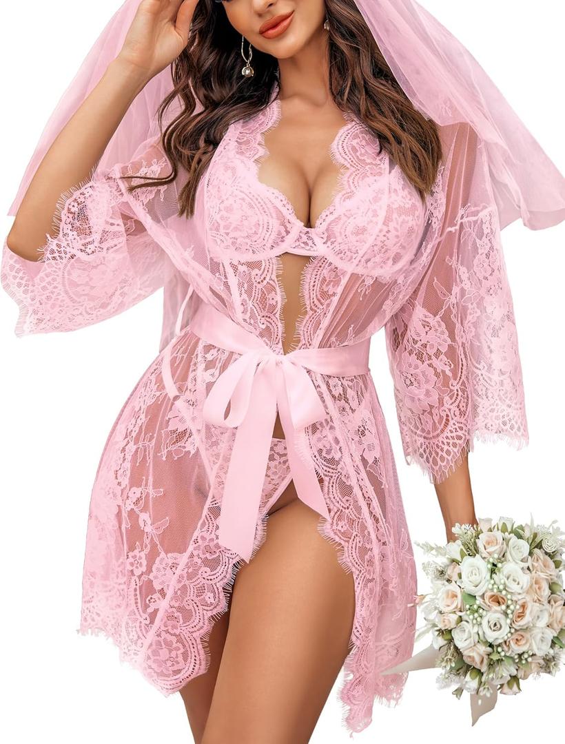 Avidlove Women's Lace Kimono Robe Babydoll Lingerie Mesh Nightgown (3X-Large, Pink)