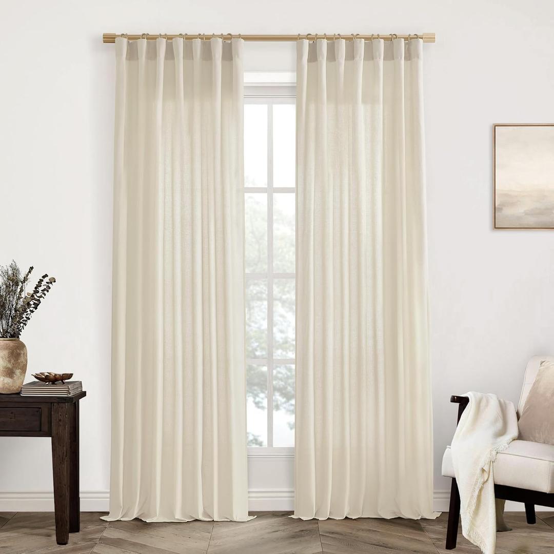 XTMYI Country Curtains for Living Room,96 Inches Long Beige Sheer Linen Shabby Chic Curtains for Bedroom