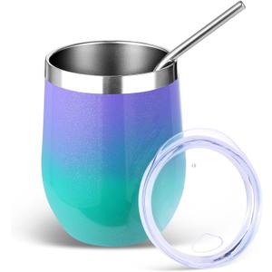 Volhoply 12oz Stainless Steel Wine Tumbler with Lid and Straw,Double Wall Vacuum Insulated Stemless Wine Glasses,Reusable Travel Coffe Mug for Cold Drinks,Tumblers Gifts for WomenPurple Green,1 Set