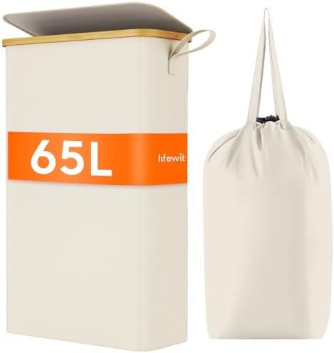 Lifewit 65L Slim Laundry Hamper with Lid, Narrow Laundry Basket with Removable Bag & Bamboo Handles, Fodable Thin Dirty Clothes Hamper for Laundry Collapsible Bin for Bathroom Bedroom Dorm, White