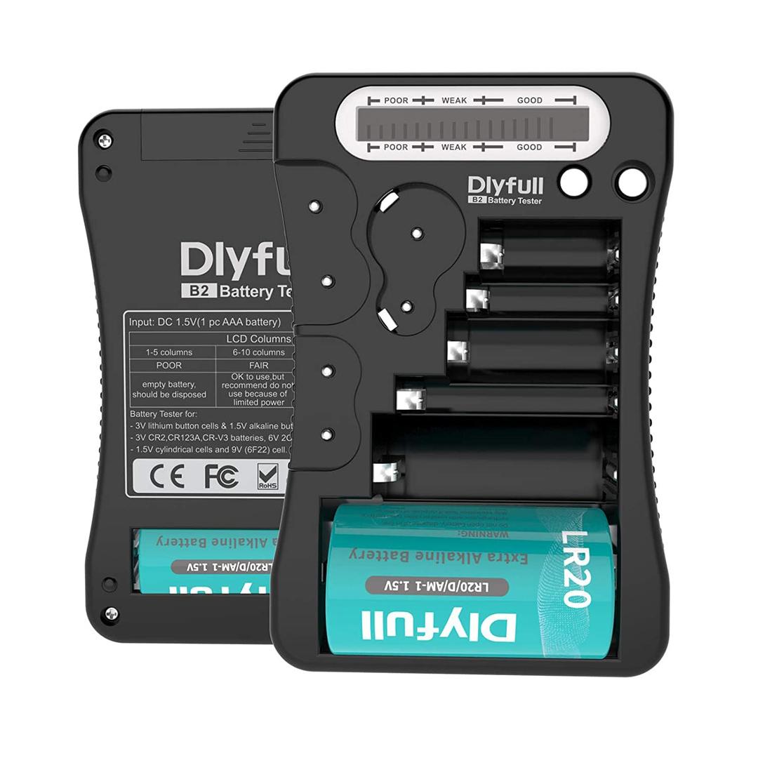 Battery Tester, Dlyfull LCD Display Universal Battery Checker for AA AAA C D 9V CR2032 CR123A CR2 CRV3 2CR5 CRP2 1.5V/3V Button Cell Batteries, 1x AAA Batteries Included