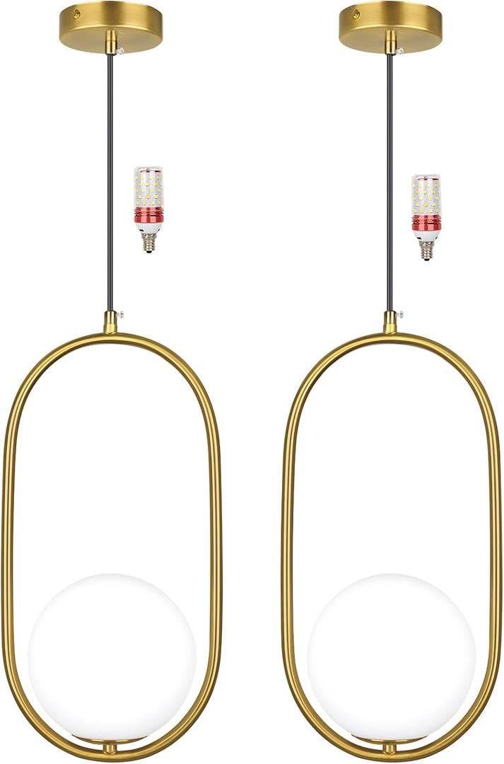 lobolighting Pendant Light Fixtures, 2 Pack Modern Gold Pendant Lighting Adjustable Height Mid Century Chandelier, Frosted Glass Globe Single Hanging Light for Kitchen Island Dining Room Bedroom