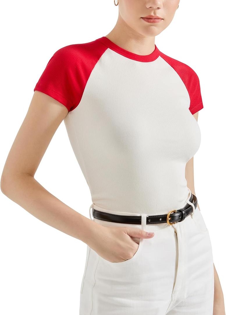 SUUKSESS Women Ribbed Striped Short Sleeve Slim Fit Tops Summer Crew Neck Color Block Going Out T Shirt (XL)