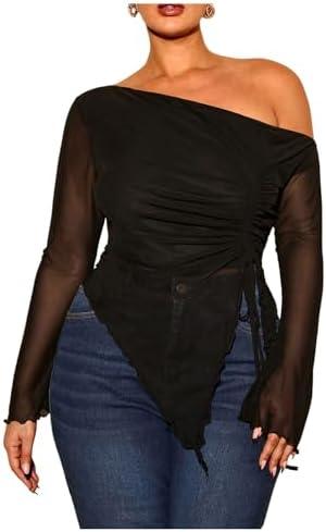 RoseSeek Women's Plus Size Sheer Mesh Off Shoulder Tops Long Sleeve Drawstring Asymmetrical Hem Ruched T Shirt 2XL
