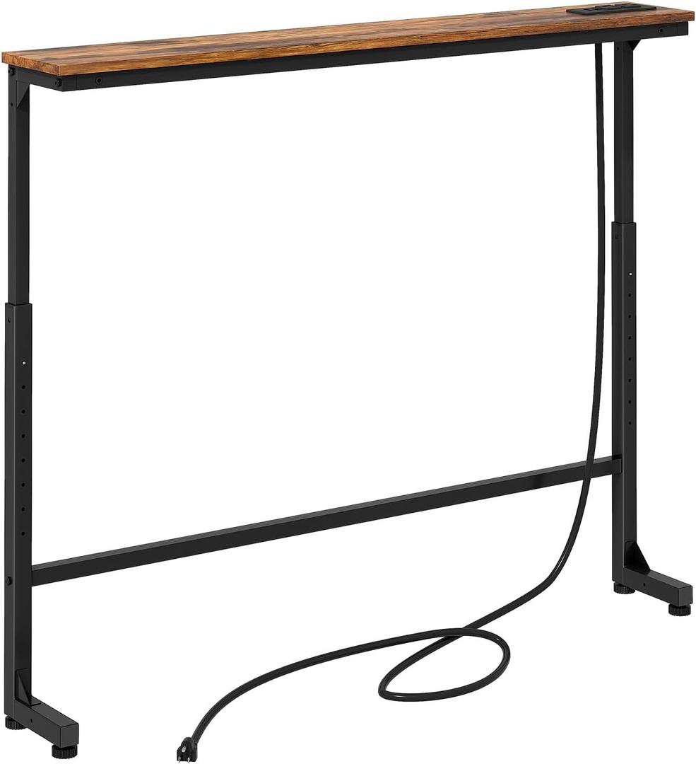 Kitstorack Narrow Console Table Behind Sofa Couch, Design with Adjustable Height (25"-33") & Power Outlets, Small Entryway Table - 5.9" D x 39.4 " L, Rustic Brown