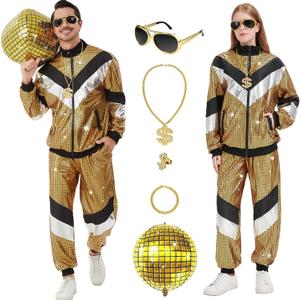 Ezuwail Mens 70s Outfit Track Suits Men Festival Halloween Cosplay Costume Disco Outfits Holiday Women Tracksuit 80s Clothing 7pcs(Gold/ S)