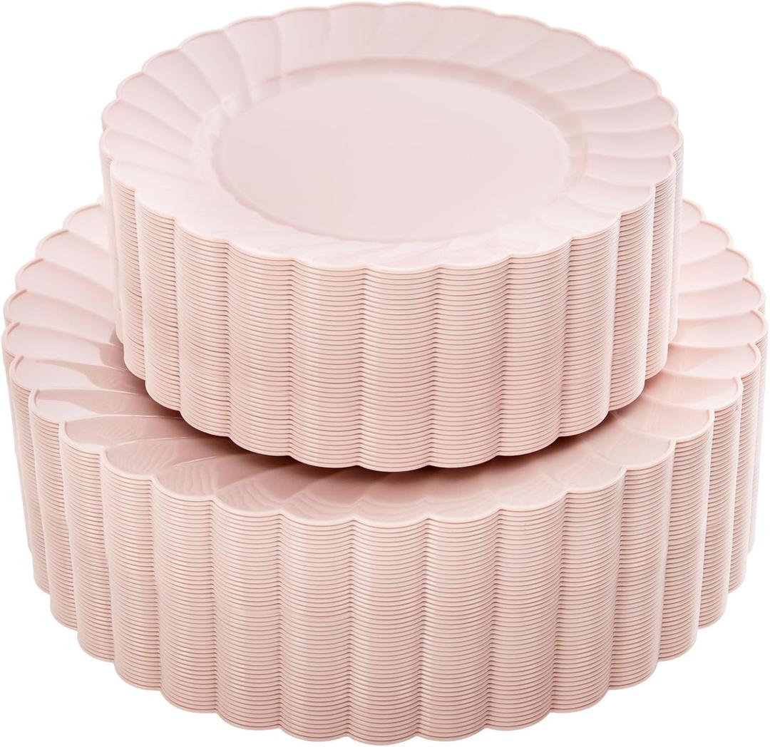 YOUBET 100PCS Pink Scalloped Plastic Plates for Wedding Party | Heavy Duty Pink Disposable Fancy Hard Plates Include 50 Dinner Plate, 50 Dessert Plate