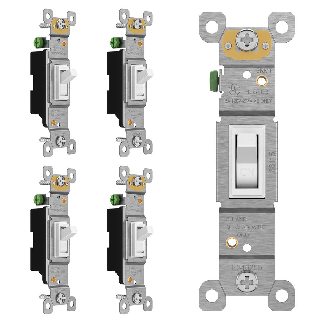 ENERLITES Toggle Light Switch, Single Pole, 15A 120-277V, Grounding Screw, Residential Grade, UL Listed, 88115-W-5PCS, White (5 Pack)