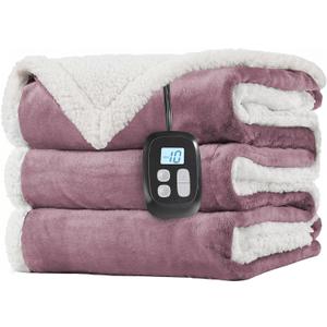 LaffyLo Electric Heated Blanket Twin Size 62 x 84, Fast Heating Blanket, Dual-Sided Flannel Sherpa, 10 Heat Settings, 1-12 Hour Auto Off, Machine Washable, Purple