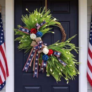 Suncalla Red White and Blue Wreath 4th of July Patriotic Wreath with Artificial Greenery Bow 16.5" 250th Anniversary American Flag Front Door Decorations for Independence Day Home Farmhouse Outdoor