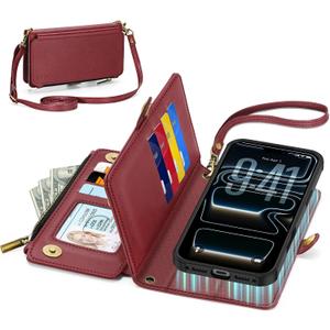 TUCCH Detachable Crossbody Case Wallet for iPhone 17 Pro Max 6.9", Wireless Charging | RFID Blocking 10 Card Holder | Lanyard Wrist Strap | Stand | Zipper Pocket | PU Leather Magnetic Cover | Dark Red