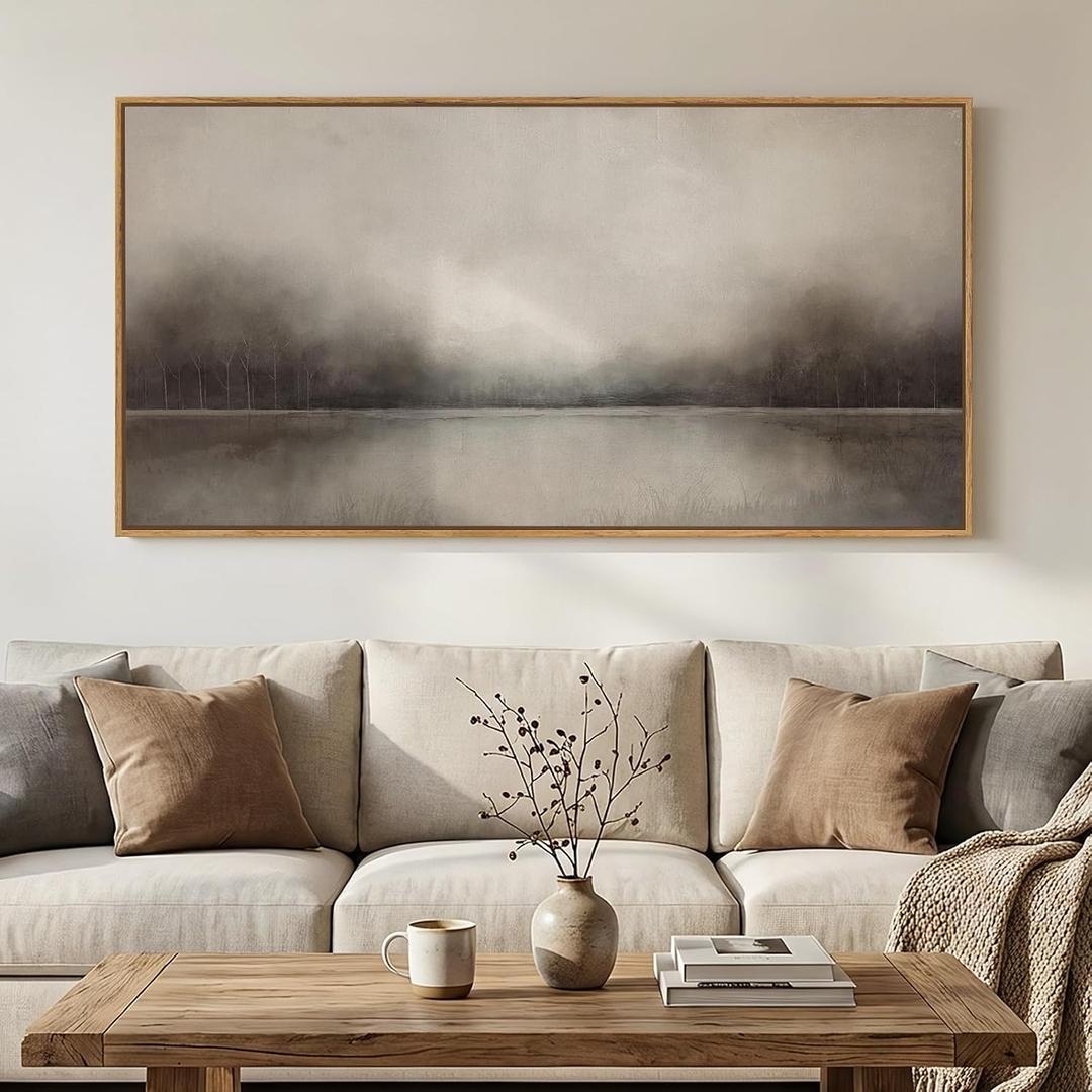 Large Framed Rustic Canvas Wall Art for Living Room, Neutral Abstract Nature Modern Prints Paintings Artwork for Walls, Horizontal Lake Landscape Pictures Wall Decor for Bedroom and Office, 30x60 In