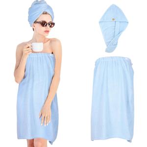 Women Microfiber Bath Wrap Towel and Hair Drying Towel - Adjustable Soft Body Wraps Dress with Hair Towel, Super Absorbent to Quick Drying Hair and Body (Blue)