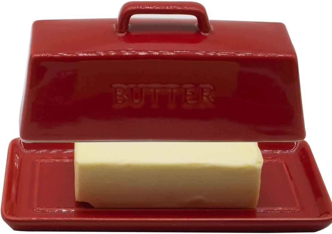 Ceramic Butter Dish With Lid for Countertop, Covered Butter Holder With Lid, Red Butter Container, Butter Tray With Handle