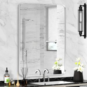 Silver Framed Bathroom Mirror, Brushed Nickel Rounded Corner Rectangle Wall Mirror, Tempered Glass, Shatter Proof, Anti-Rust, Hangs Horizontally or Vertically (24" x 32", Silver)  