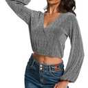 YYA Women's Casual V Neck Blouse Long Lantern Sleeve Spark Shining Blouses Top Shirts Silver XL