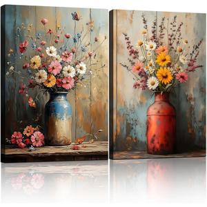 2pcs Framed Canvas Painting Wildflowers Vintage Floral Vase Butterfly Wall Decor For Living Room Bedroom Studio Hallway Country Farmhouse Style Art Poster Ready To Hang 24x16 Inch