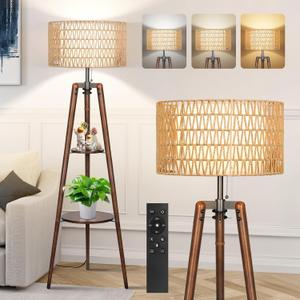 OUTON Boho Rattan Tripod Floor Lamp with Shelves, Dimmable Mid Century Modern Standing Lamp with Remote Control,Wood Tall Floor Lamps for Living Room Bedroom Office Farmhouse Bulb Included, Walnut