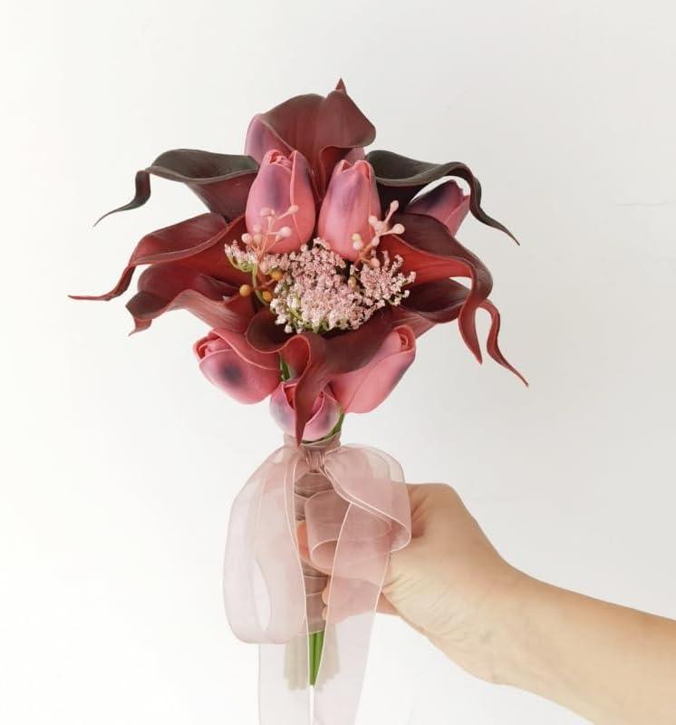 Tulips Calla Lily Artificial Flowers | Real Touch |Bridal Bouquet | Wedding Bouquet Home Dcor Party (Pink Purple)