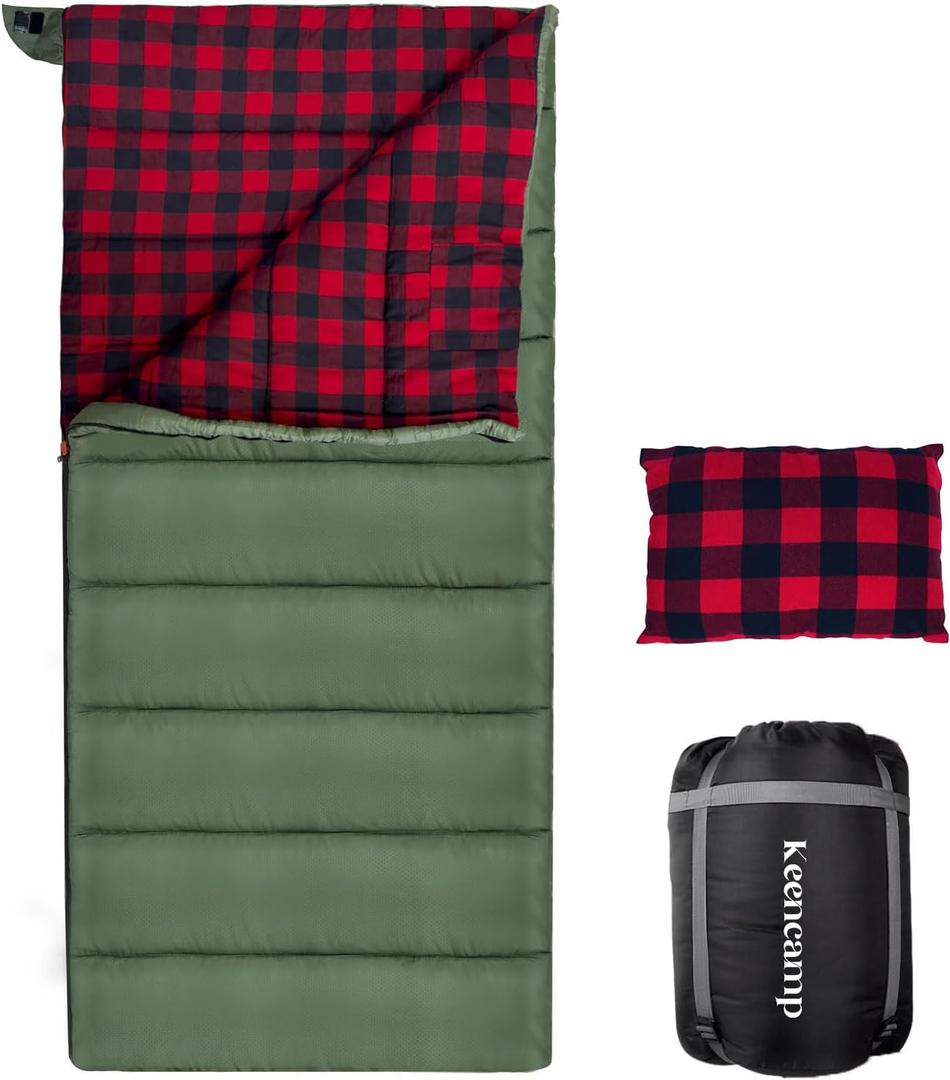 0 Degree Sleeping Bag Cotton Flannel Winter Cold Weather for Adults XXL Sleeping Bag 4 Season Big and Tall with Pillow Compression Sack (OLIVE)