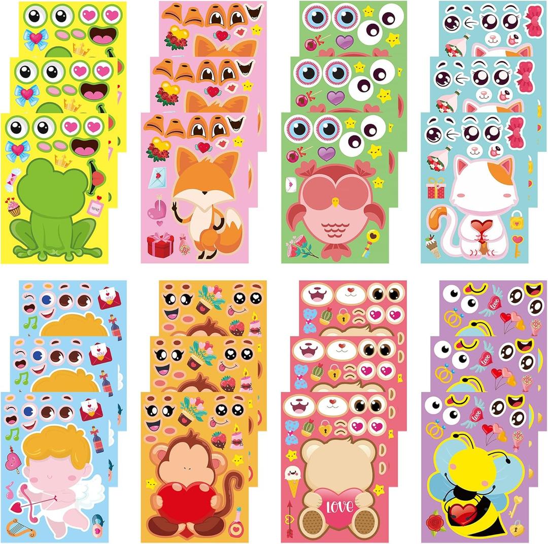 24 Sheets Valentine's Day Make a Face Stickers, Sweet Love Party Games Decal Mix and Match Sticker, Make Your Own Valentine Stickers DIY Crafts for Valentine's Day Party Supplies Rewards