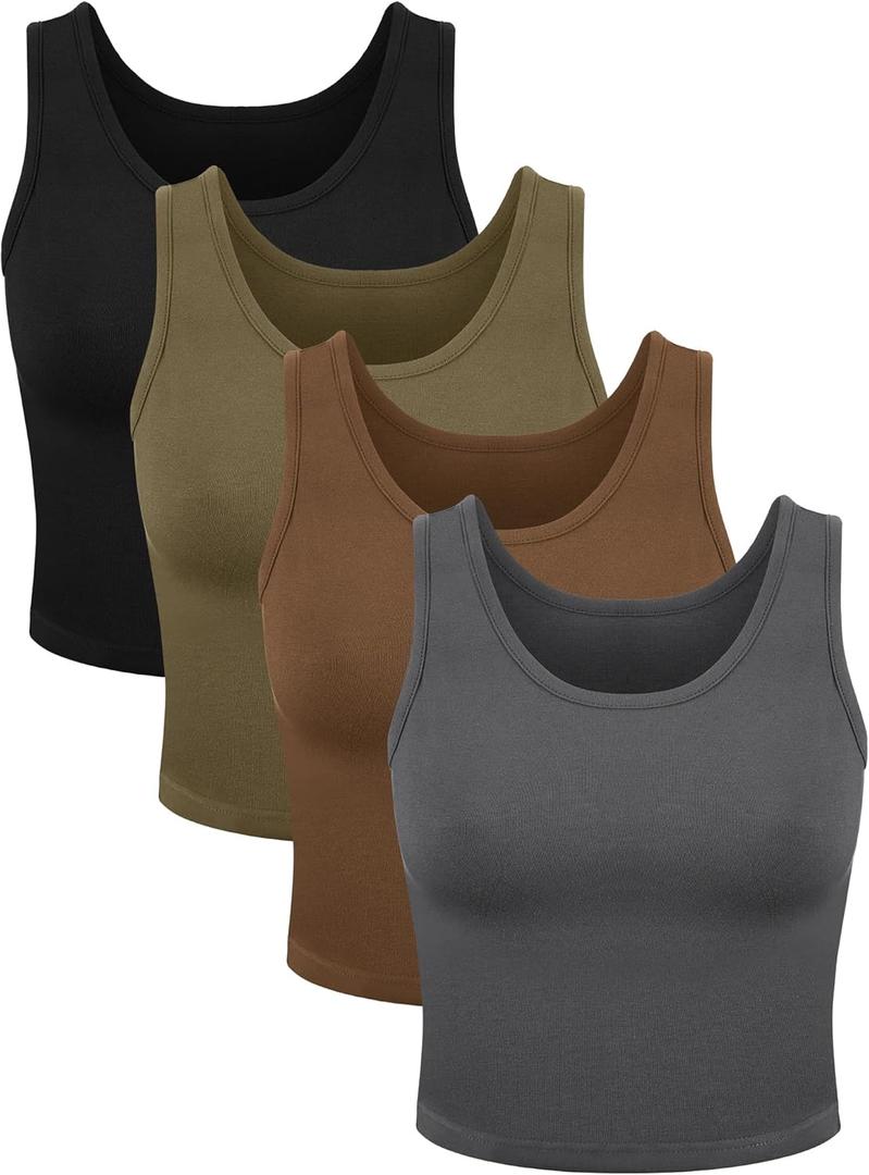 4 Pieces Women Basic Crop Tank Top Short Sleeveless Sports Crop Top (Small, Dim Gray, Black, Dark Olive Green, White)