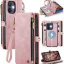 Defencase for iPhone 12/ Pro Magnetic Wallet Case Compatible with Magsafe with RFID Blocking Zipper Strap Card Holder for Women, PU Leather Detachable Case for iPhone 12 & 12 Pro 6.1 inches, Rose Pink