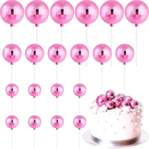 ASTARON 20 Pcs Disco Ball Cake Topper Decorations Sticks Pink Cake Balls Picks Toppers for Birthday Anniversary Disco Retired Theme Party Decorations
