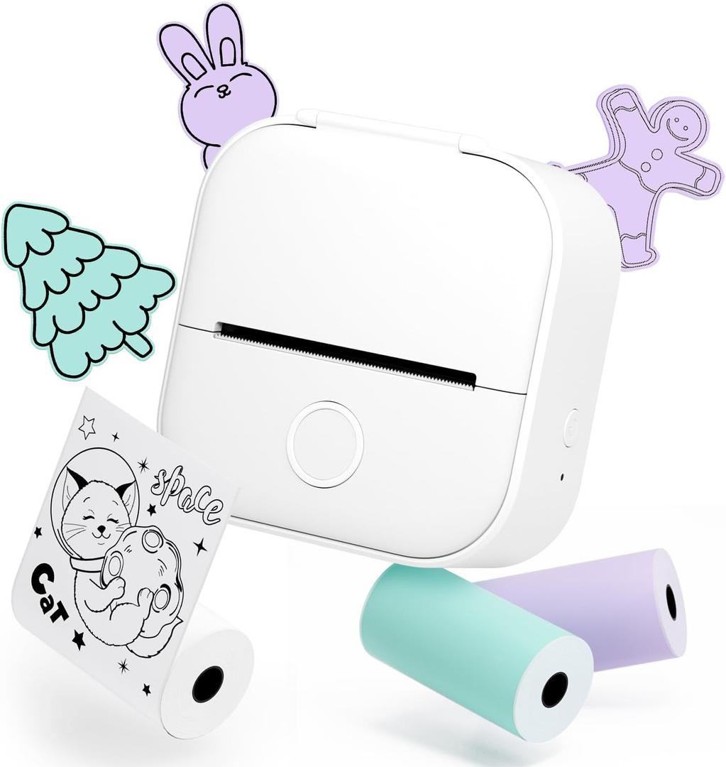 Memoqueen Mini Sticker Printer with 3 Rolls Paper T02 Mini Portable Thermal Printer, Thermanote Sticker Maker Machine for Notes, Gift, Journal, DIY, for Kids, Compatible with Phone & Tablet, White