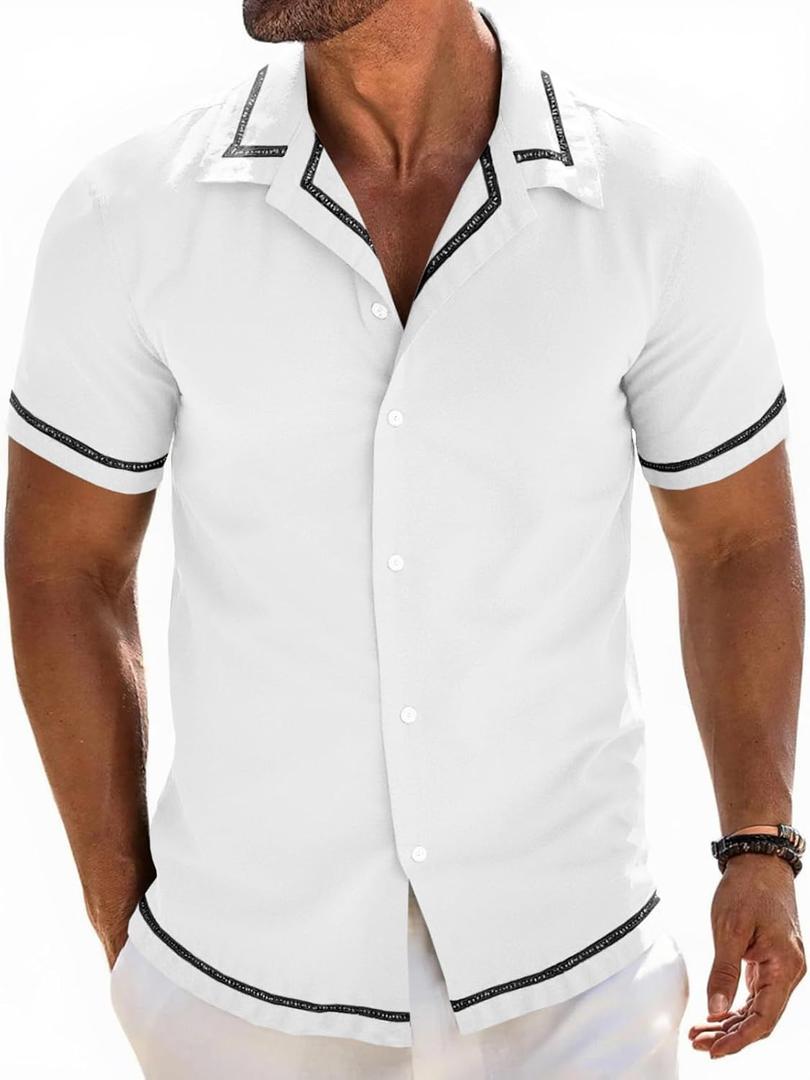 Runcati Mens Short Sleeve Shirt Button Down Casual Cuban Linen Shirts Summer Beach Vacation Tops (White, L)