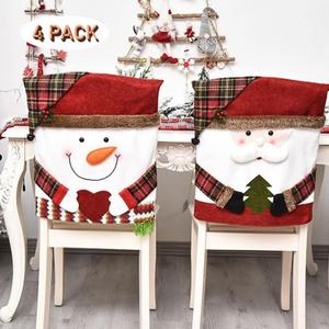 Christmas Chair Covers Set of 4, Christmas Chair Decorations, Santa Snowman Chair Back Cover for Kitchen Dinning Room Holiday Party Decor (Large, Red+green)