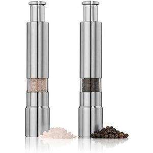 Salt and Pepper Grinder Set of 2, Stainless Steel Push Button Grinder Modern Design Thumb Grinder, for Black Pepper, Sea Salt and Himalayan Salt, Spice and Salt