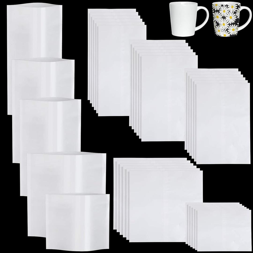 Zonon Set of 50 Sublimation Heat Shrink Sublimation Shrink Wraps Film Blanks Wrap Sleeves White Wrap Bags Tube, 5 Different Sizes, 9 x 14 Inch, 8 x 8 Inch, 7 x 11 Inch, 5 x 10 Inch, 4 x 3 Inch