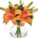 Fall Artificial Flowers Tiger Lily Real Touch with Vase Orange Easter Lily Silk Faux Flowers Arrangements in Glass Vase with Faux Water Fake Floral Bulk Lily Bouquet for Table Centerpiece Home Decor