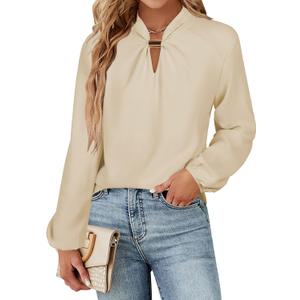 AOVDE Women's Dressy Casual Blouses Long Sleeve Trendy Fall Shirts Business Work Tops (Beige, XL)