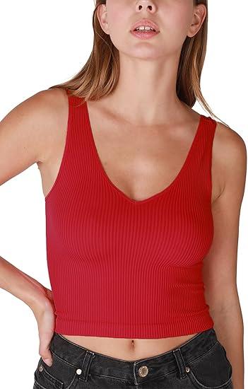 Women Seamless V-Neck Ribbed Crop Top, Made in U.S.A, One Size S/M