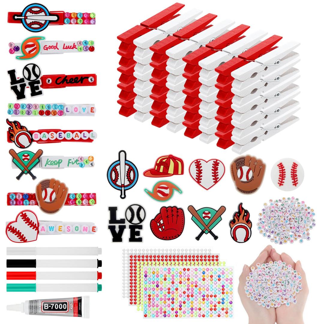 Amyhill 60 Sets Baseball Cheer Pins Wooden DIY Spirit Clips Clothes Pins with 260 Alphabet Beads 4 Rhinestone Stickers 4 Markers 9 ml Glue 60 Baseball Stickers for Cheerleaders Gifts Backpacks Decor