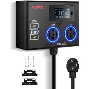 VEVOR NEMA Splitter for Dryer and EV, 3-Color LED Indicator, 240V Smart Power Distribution, with NEMA 14-30 Plug, NEMA 14-30 & NEMA 14-50 Outlets, Large 3.4-Inch LCD Screen, for Max 24A Dryer or EV
