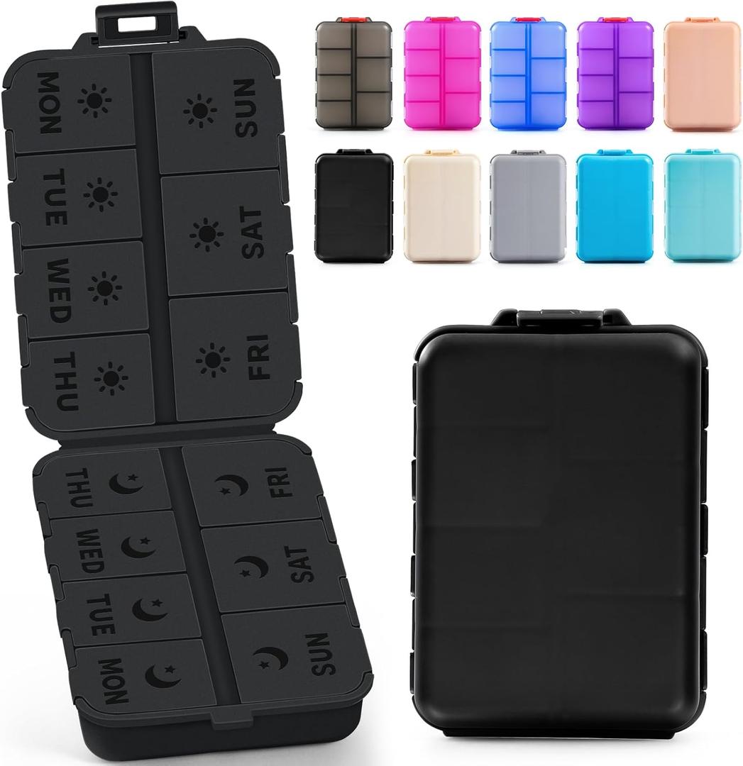 New Foldable & Double Protection Portable Weekly Pill Organizer 2 Times A Day with Etched Labels, AM PM 7 Day Week Medicine Box, Daily Travel Pill Case Dispenser for Vitamin, Supplement - All Black